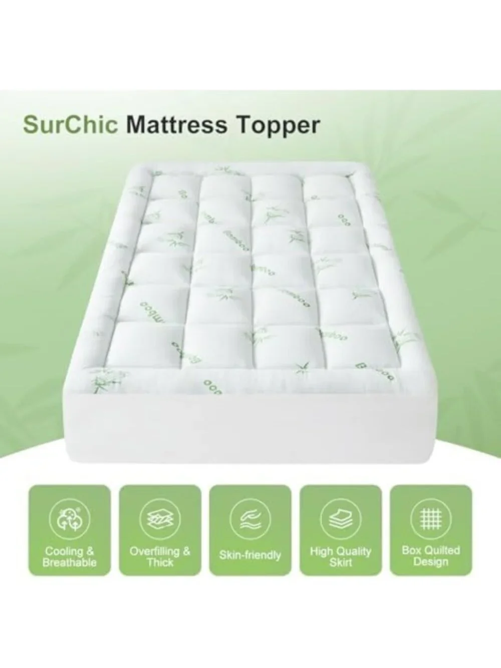Queen Mattress Topper - Soft Bamboo Pillow Top, Cooling Protector, Deep Pocket